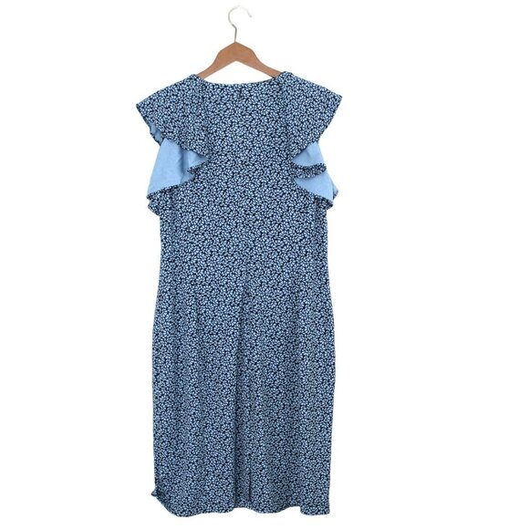 Lands' End Floral Dress Stretch Ruffle Sleeve Ditsy Flower Zip Back Stretch Blue - Picture 5 of 11